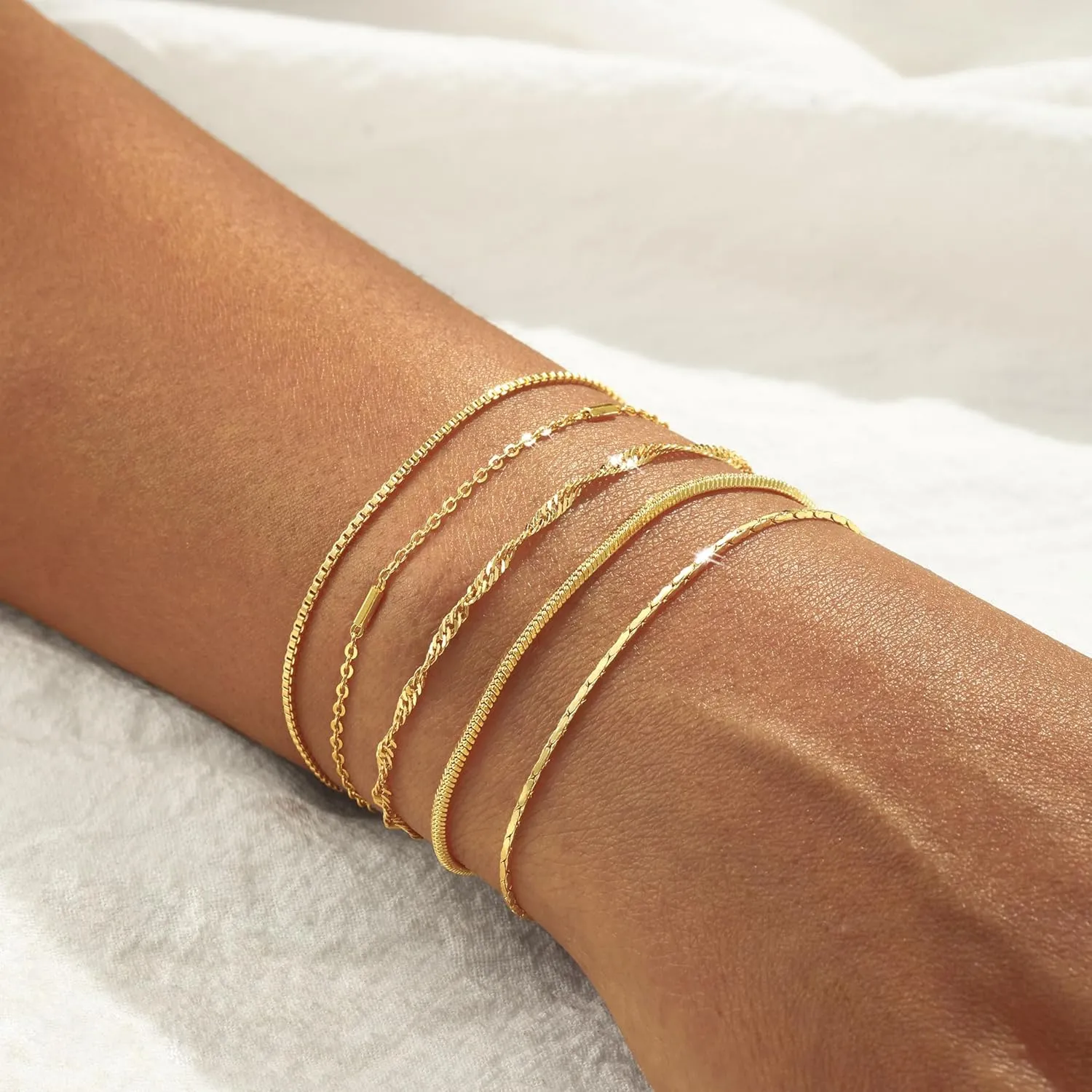 Gold Bracelets for Women, 14K Gold Plated Waterproof Bracelets for Women, Dainty Stackable Adjustable Chain Jewelry Set - Trendy Layered Bracelet Stack Gift, Everyday Wear