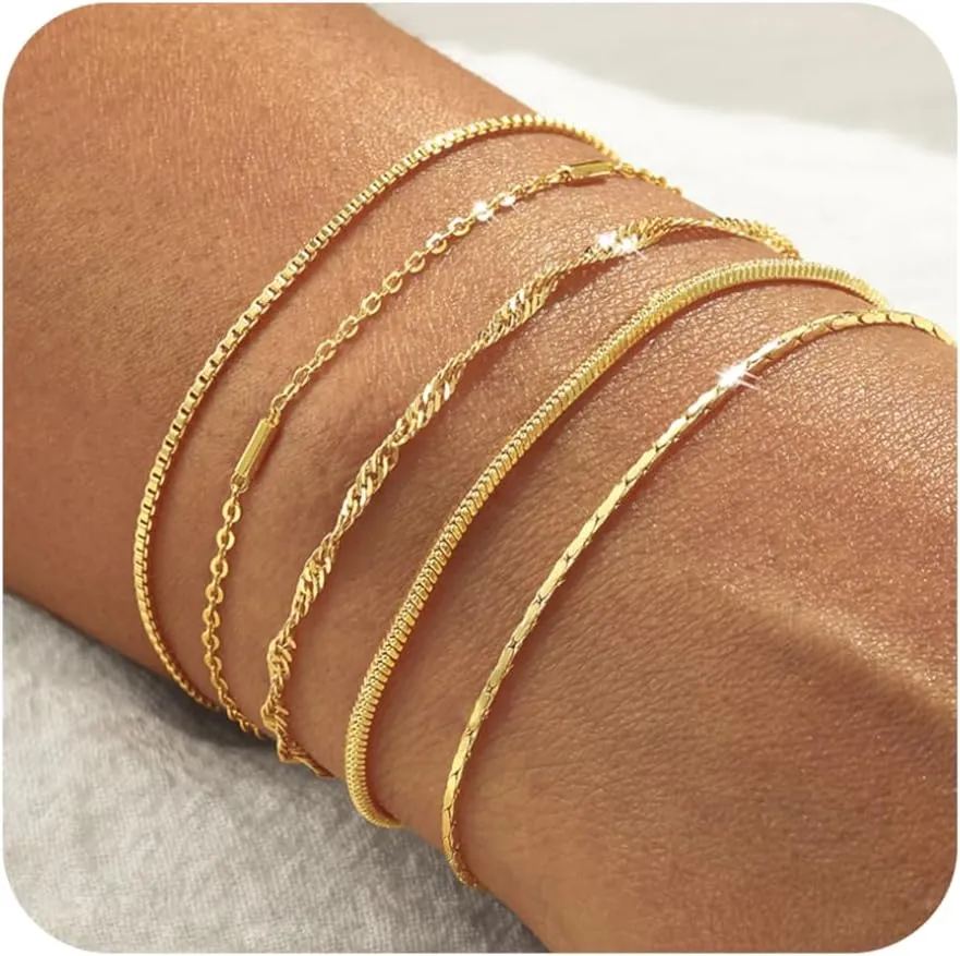 Gold Bracelets for Women, 14K Gold Plated Waterproof Bracelets for Women, Dainty Stackable Adjustable Chain Jewelry Set - Trendy Layered Bracelet Stack Gift, Everyday Wear