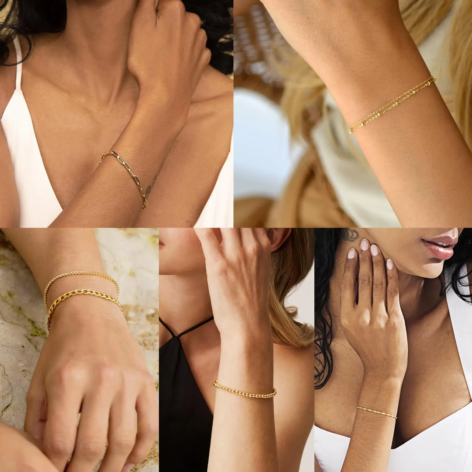 Gold Bracelets Sets for Women,14K Real Gold Plated Link Chain Bracelets Cuban Link Paperclip Bead Bracelet,Trendy Thin Dainty Stackable Jewelry Bracelet for Women