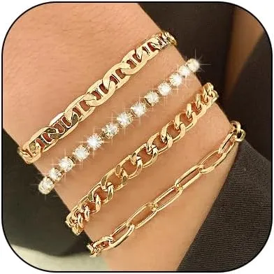 Gold Bracelets Sets Layered Rhinestone Bangles Link chain Bracelet for Women