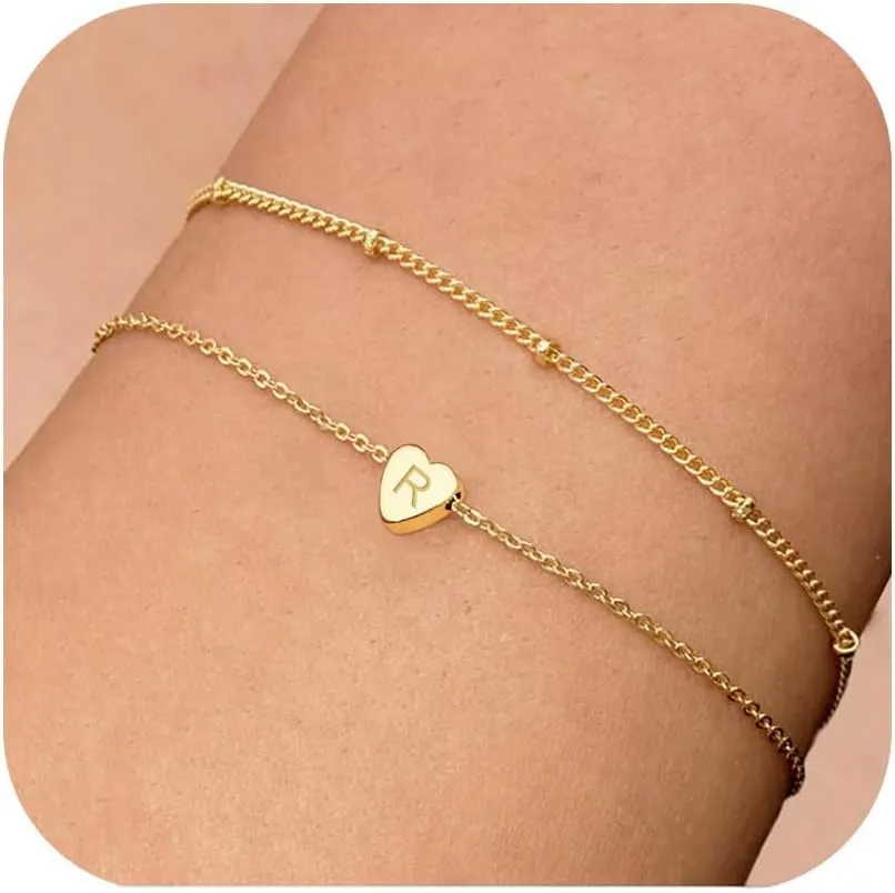 Gold Initial Bracelets for Women, 18K Gold Plated Letter A-Z Initial Bracelet Heart Bracelet Stacks Cute Monogram Bracelet Dainty Gold Bracelets for Women Jewelry Gifts for Women Teen Girls