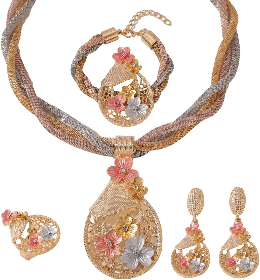 Gold Jewelry for Women Luxury African Dubai 18k Gold Plated Jewelry Sets Wedding Necklace Earrings Set