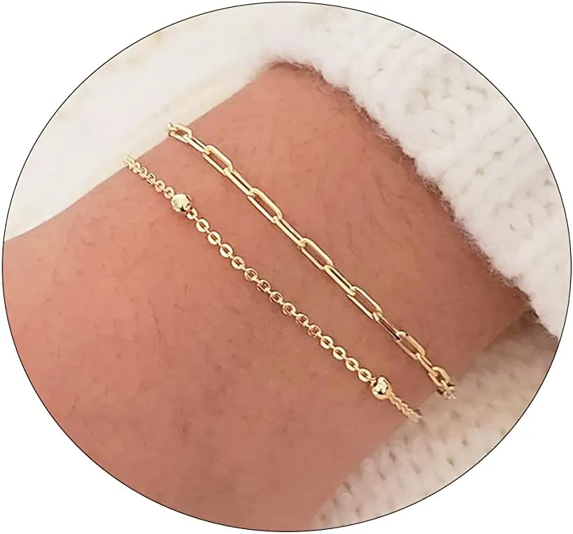 Gold Layered Paperclip Bead Bracelet for Women 14K Gold Plated Lightweight Chain Bracelets Layering Paperclip Bead Bracelet Charm Bracelet Minimalist Handmade Jewelry Gift