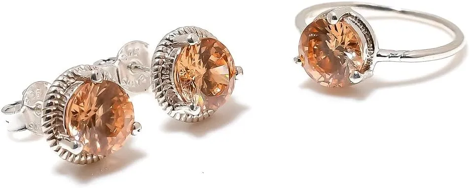 Golden Topaz Jewelry Set, Sterling Silver or Gold-Plated Ring and Stud Earrings, Round Cut