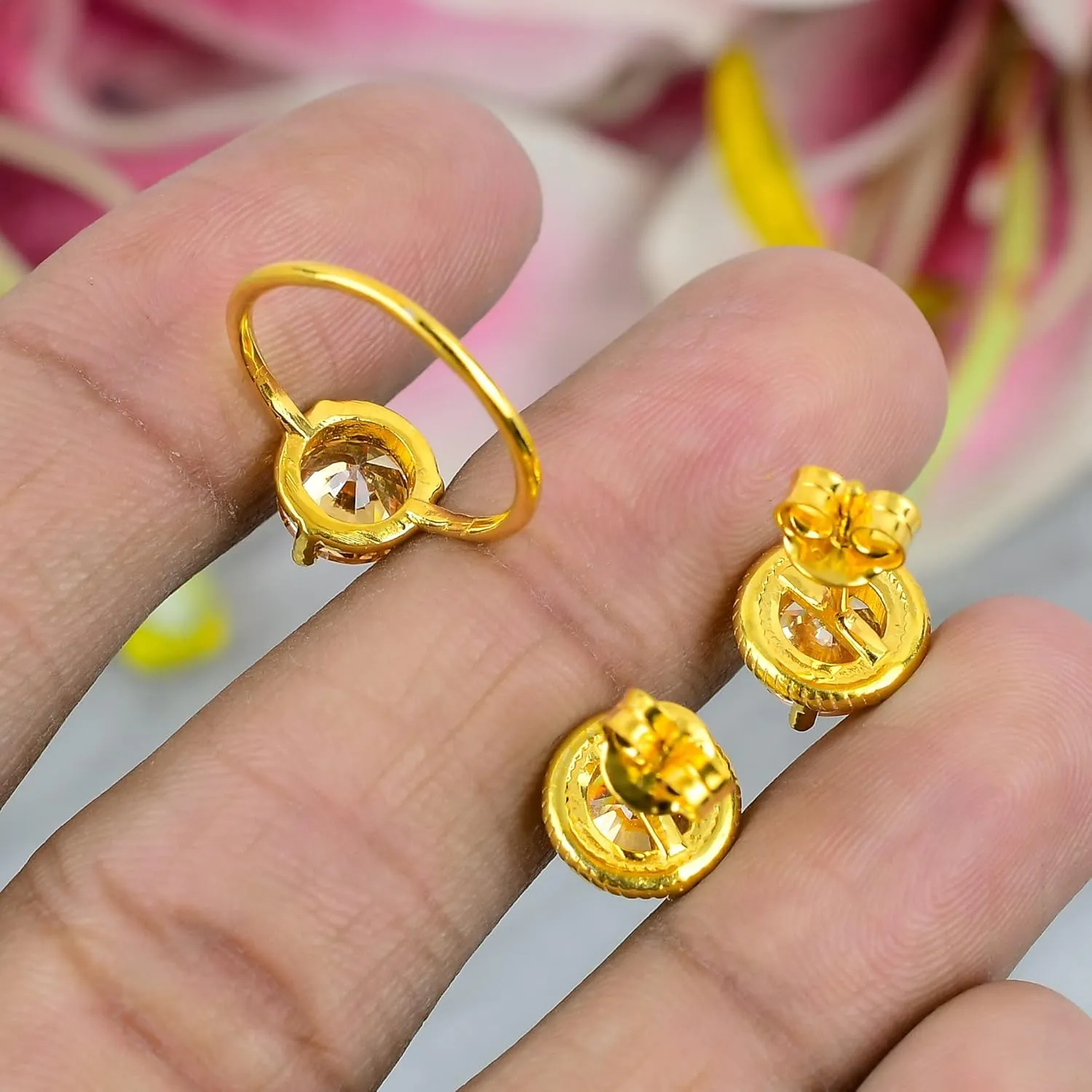 Golden Topaz Jewelry Set, Sterling Silver or Gold-Plated Ring and Stud Earrings, Round Cut