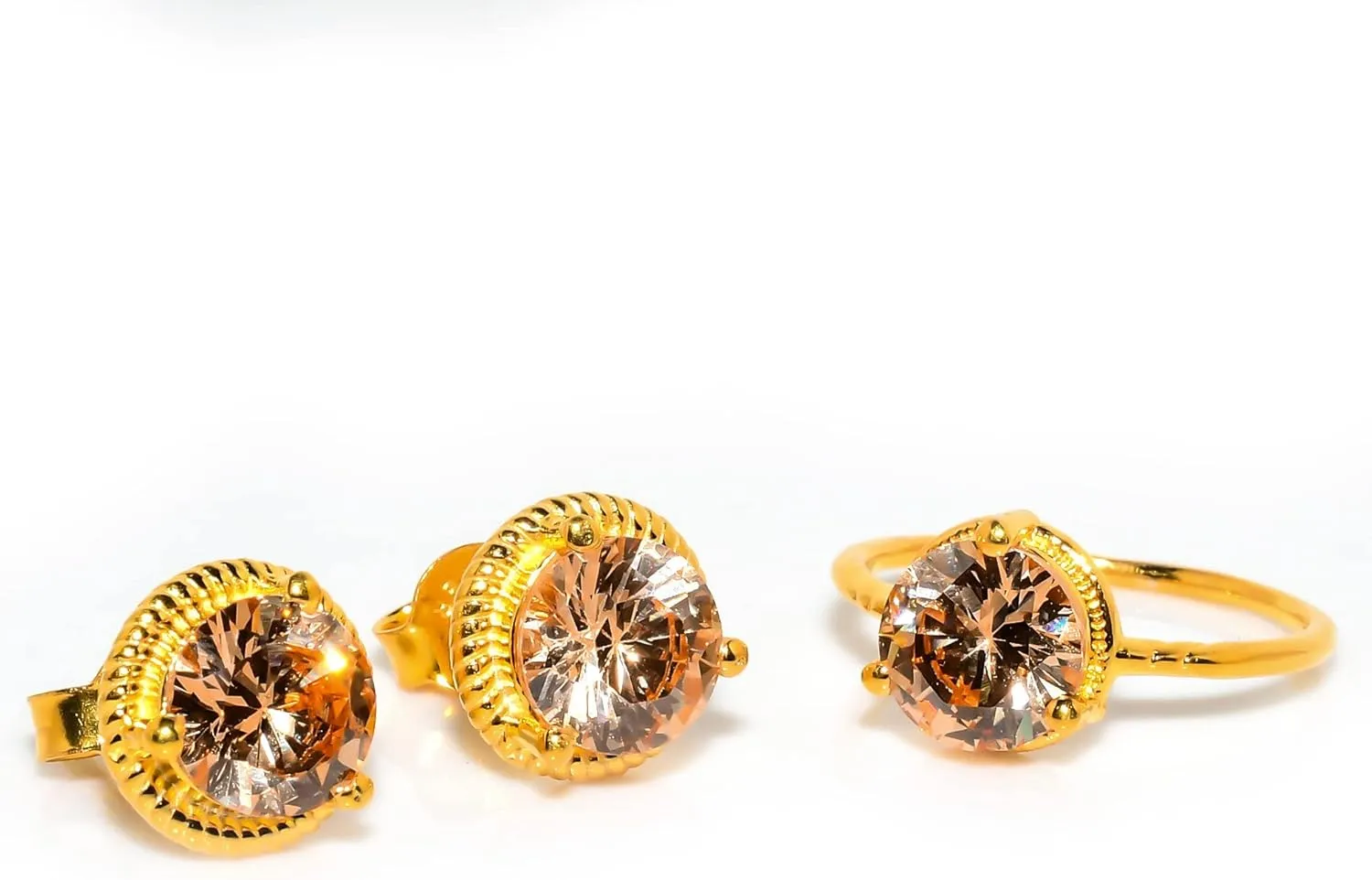Golden Topaz Jewelry Set, Sterling Silver or Gold-Plated Ring and Stud Earrings, Round Cut