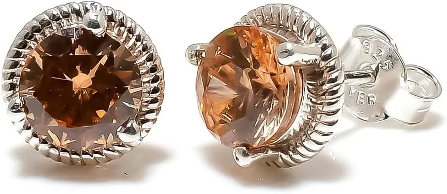 Golden Topaz Jewelry Set, Sterling Silver or Gold-Plated Ring and Stud Earrings, Round Cut
