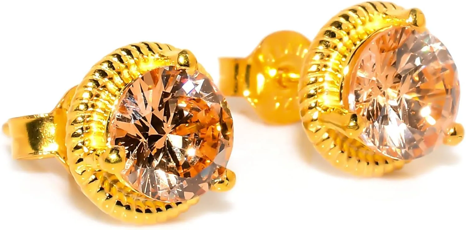 Golden Topaz Jewelry Set, Sterling Silver or Gold-Plated Ring and Stud Earrings, Round Cut