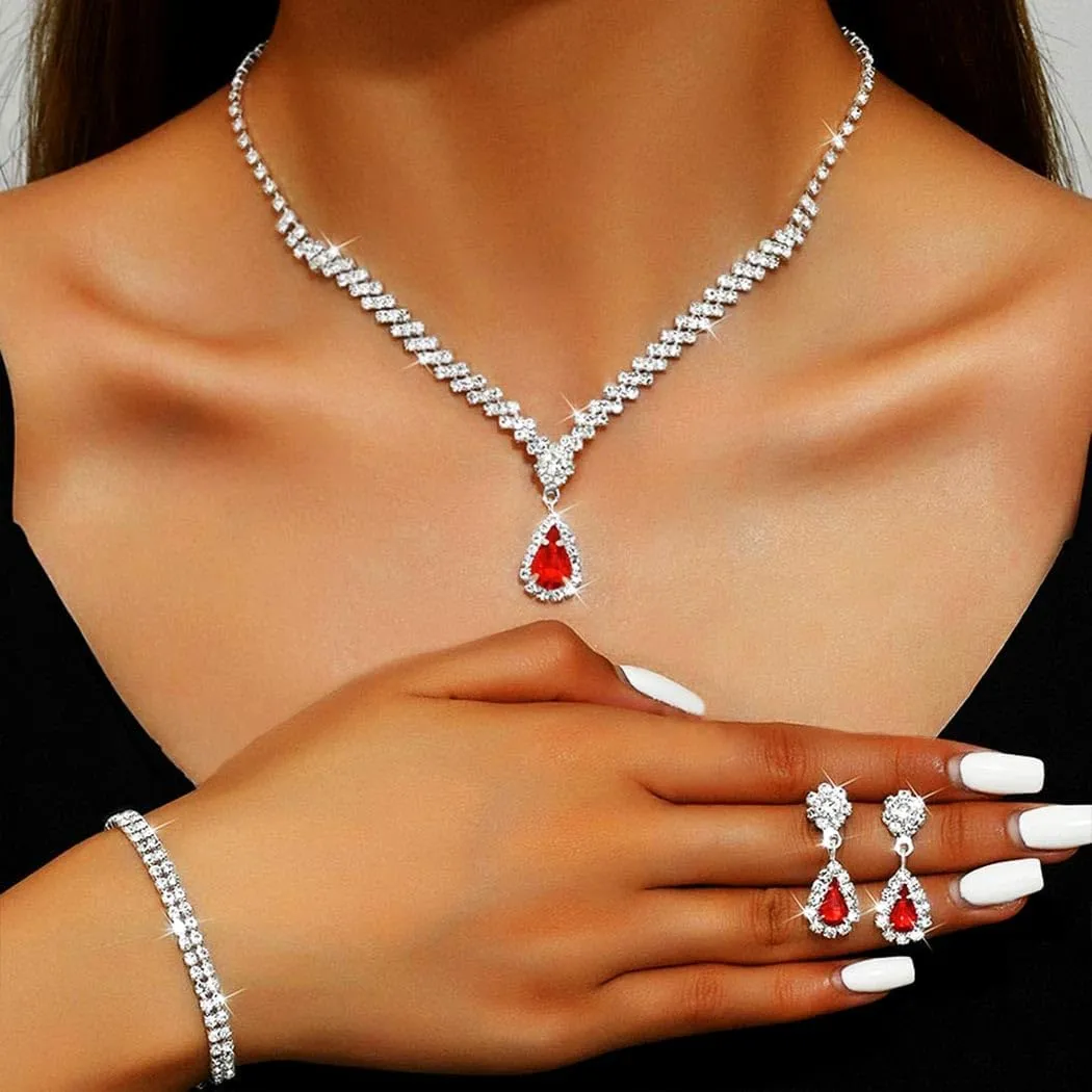 GORAIS Prom Wedding Jewelry Sets Rhinestone Bridal Necklace Earrings Bracelet Set Crystal Costume Jewelry for Brides