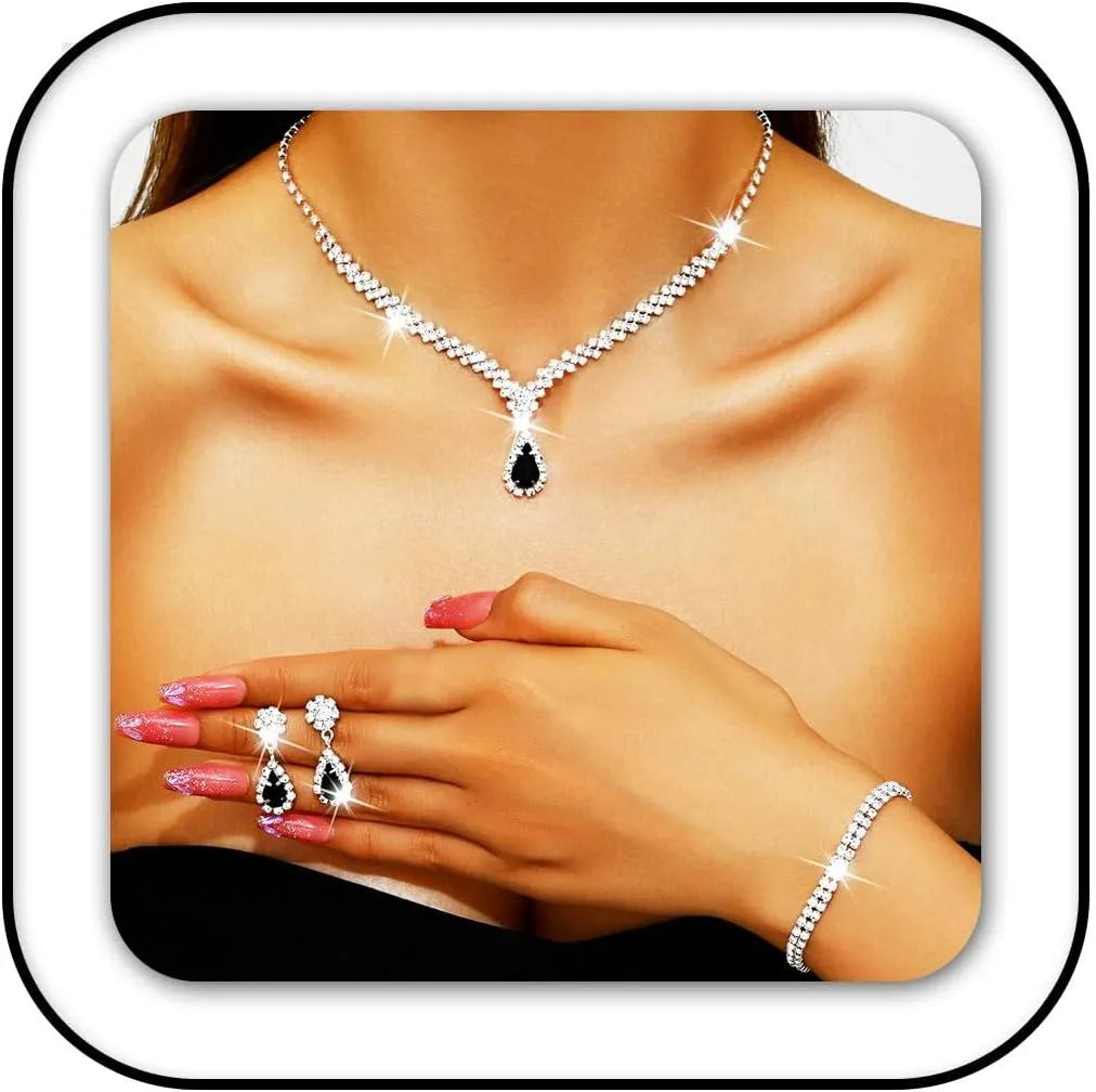 GORAIS Prom Wedding Jewelry Sets Rhinestone Bridal Necklace Earrings Bracelet Set Crystal Costume Jewelry for Brides