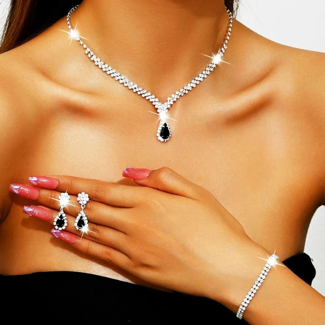 GORAIS Prom Wedding Jewelry Sets Rhinestone Bridal Necklace Earrings Bracelet Set Crystal Costume Jewelry for Brides