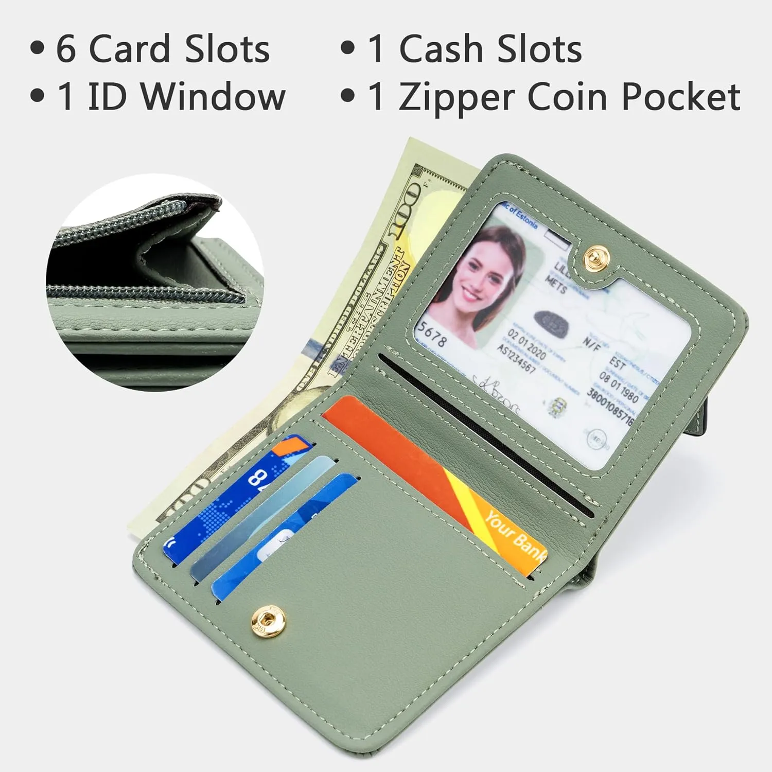 Gostwo Small Wallet for Women, Slim Bifold Credit Card Holder, Compact RFID Blocking Cash Wallet, Billfolds Thin Leather Zipper Pocket, Mini Wallet Gift for Ladies Teen Girls Travel with ID Window