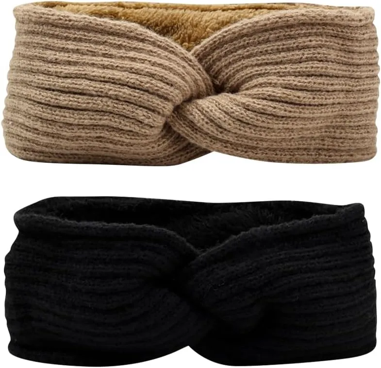GSHLLO 2 Pcs Winter Warm Knitted Headbands Twisted Knit Head Bands Fashion Cold Weather Hairbands Women Fleece Lined Headbands Elastic Ear Warmer Hair Bands Thick Crochet Head Wraps