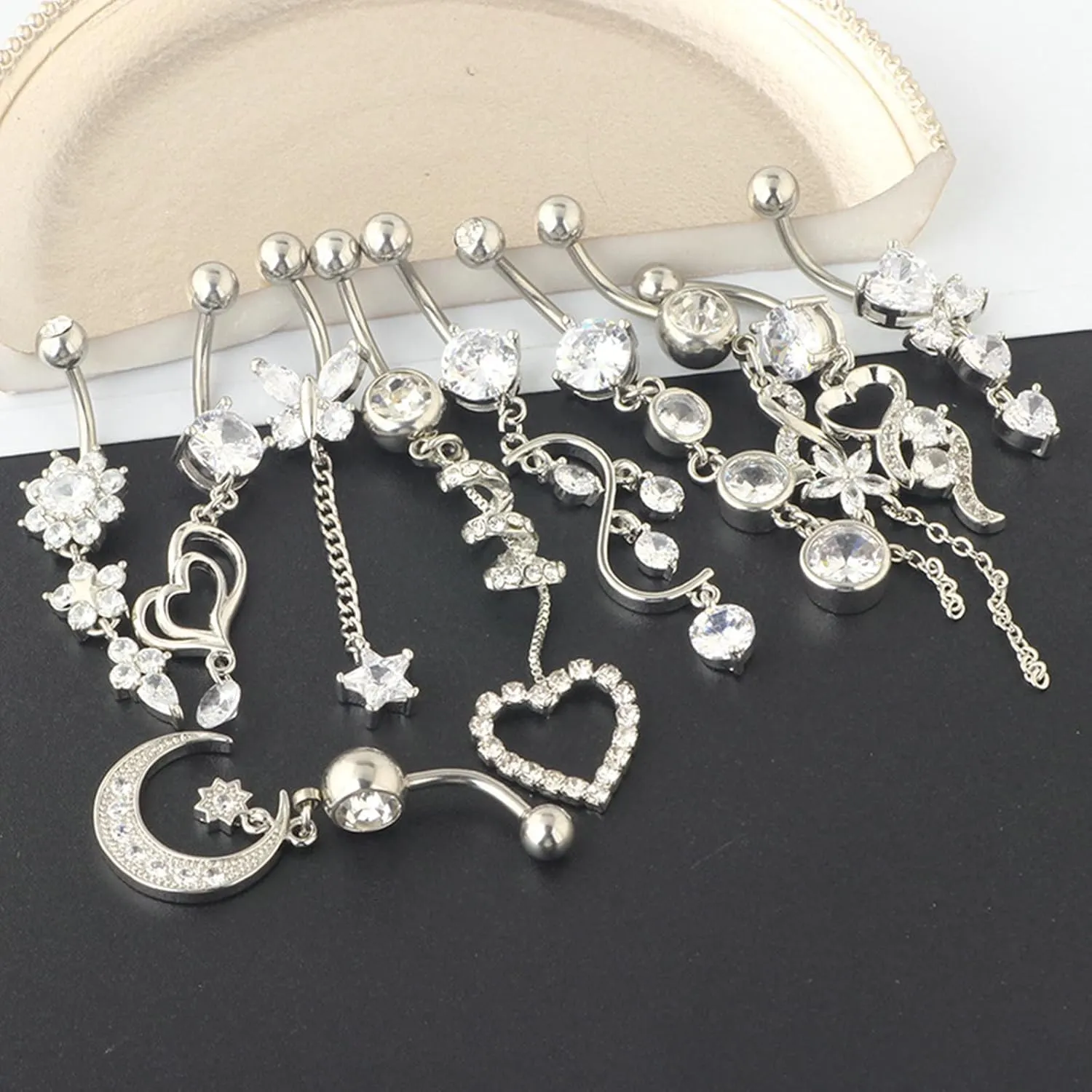 Gualiy 10 Pcs Navel Piercing Jewelry Stainless Steel Heart Moon Sun Cubic Zirconia Navel Piercing Jewelry