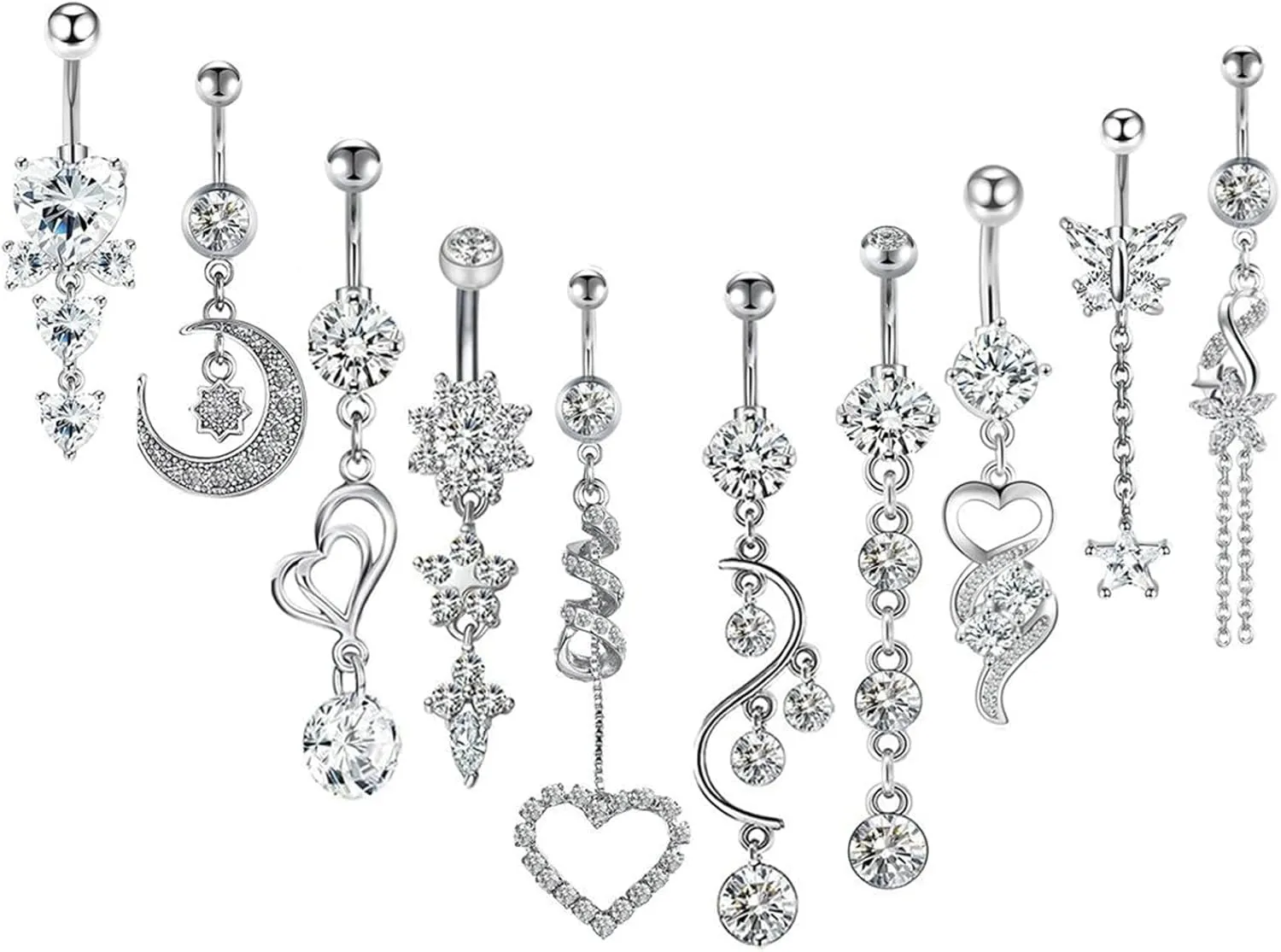 Gualiy 10 Pcs Navel Piercing Jewelry Stainless Steel Heart Moon Sun Cubic Zirconia Navel Piercing Jewelry
