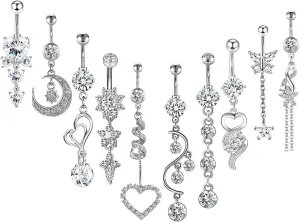 Gualiy 10 Pcs Navel Piercing Jewelry Stainless Steel Heart Moon Sun Cubic Zirconia Navel Piercing Jewelry