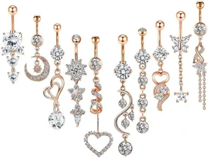 Gualiy 10 Pcs Navel Piercing Jewelry Stainless Steel Heart Moon Sun Cubic Zirconia Navel Piercing Jewelry