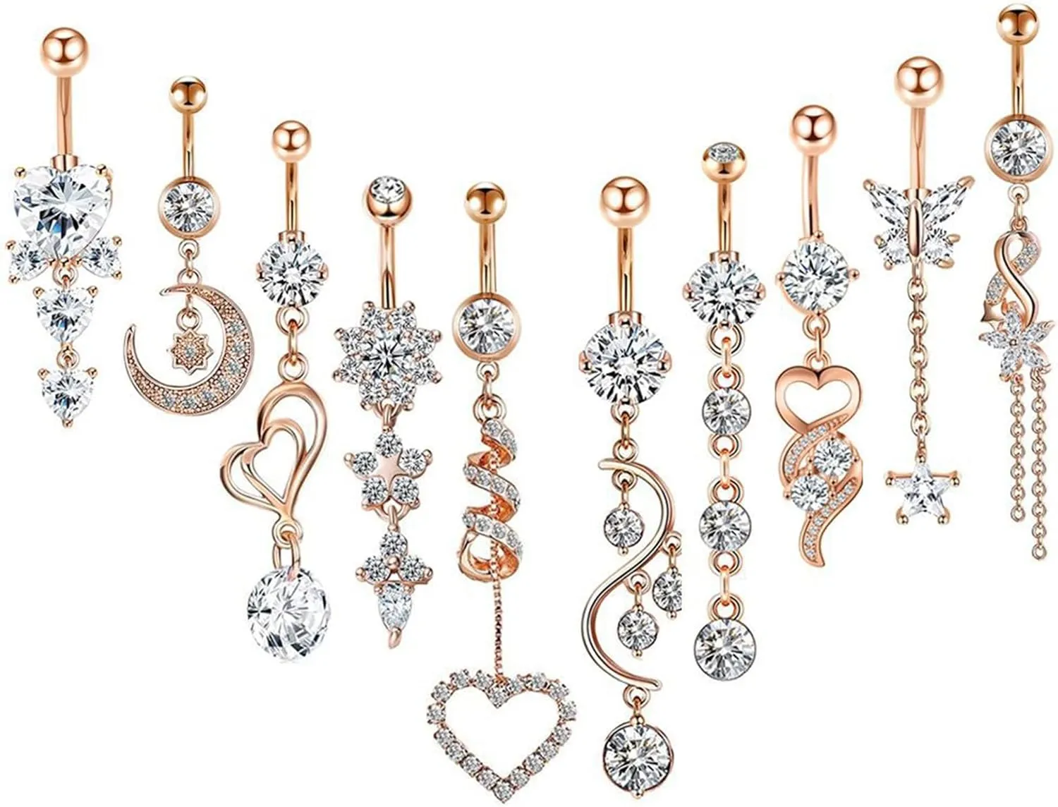 Gualiy 10 Pcs Navel Piercing Jewelry Stainless Steel Heart Moon Sun Cubic Zirconia Navel Piercing Jewelry