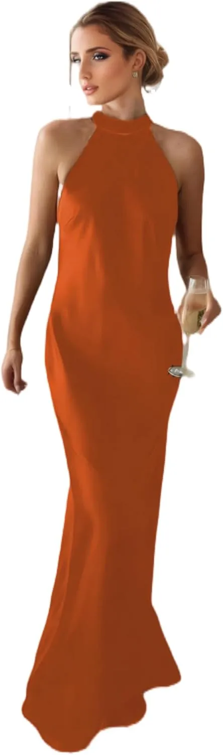 Halter Bow Tie Back Evening Gown for Women Halterneck Sleeveless Dresses