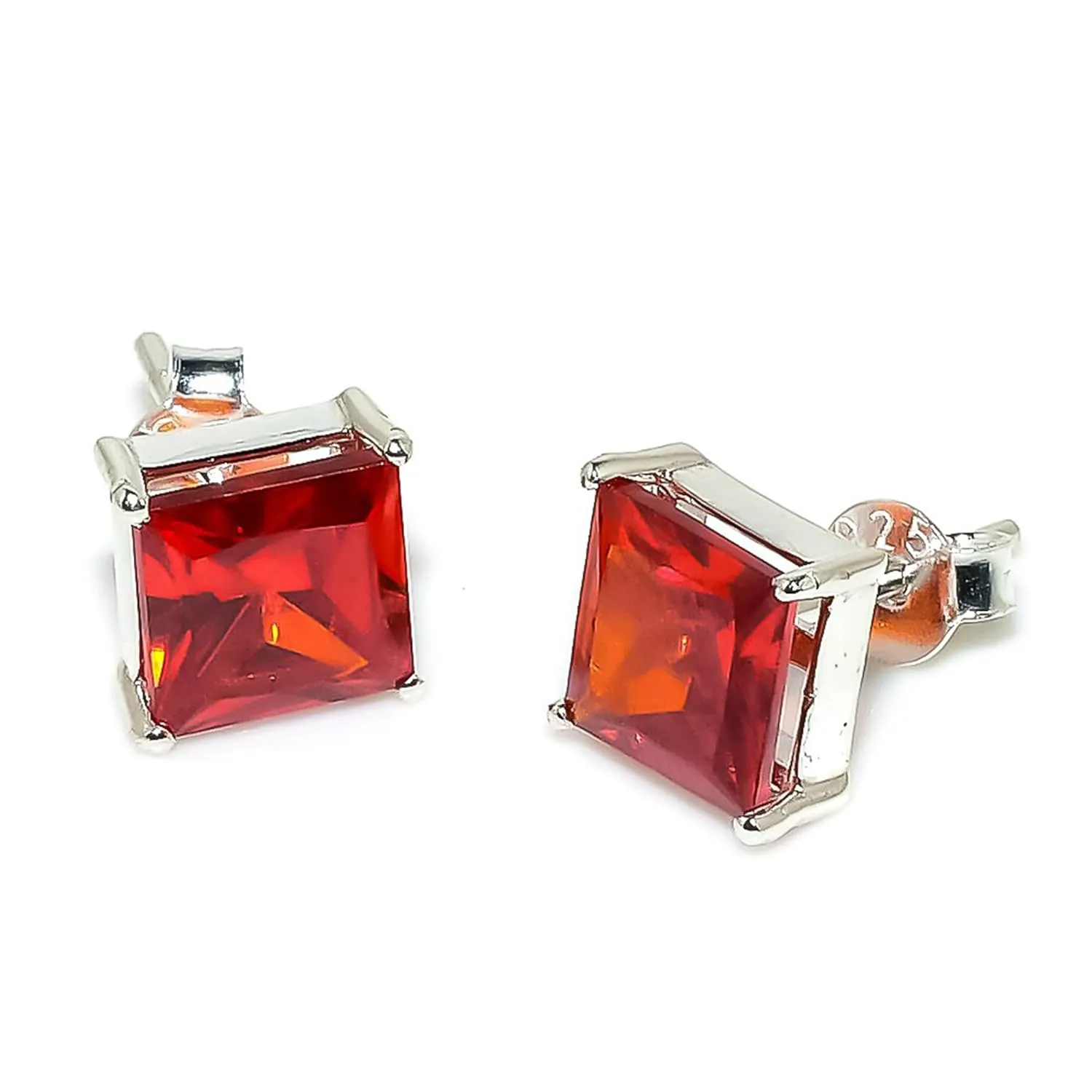 Handmade 925 Solid Silver Stud Earrings For woman & Men | Orange Topaz Gemstone Minimalist Earrings for Party | 7x7 mm Square Stone Ear Cuff
