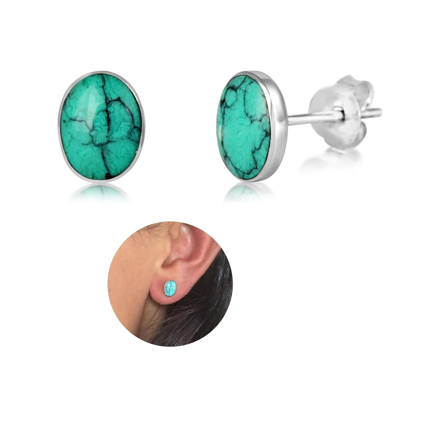 Handmade Turquoise Gemstone Oval 6x8mm Stud Earrings, 925 Sterling Silver Studs for Women, Cartilage Earrings, Tarnish & Water Resistant, By Miya Jewelry Creations
