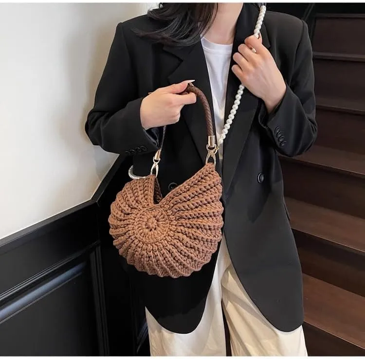 Handwoven Fashion Seashell Bag Stylish & Unique Boho Clutch with Pearl Strap Leather Handle & Premium Hardware