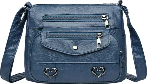 Heart Decor Crossbody Bag Solid Vintage PU Leather Shoulder Bag Versatile Women Sturdy Sling Messenger (Blue, One Size)