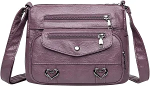 Heart Decor Crossbody Bag Solid Vintage PU Leather Shoulder Bag Versatile Women Sturdy Sling (Purple, One Size)