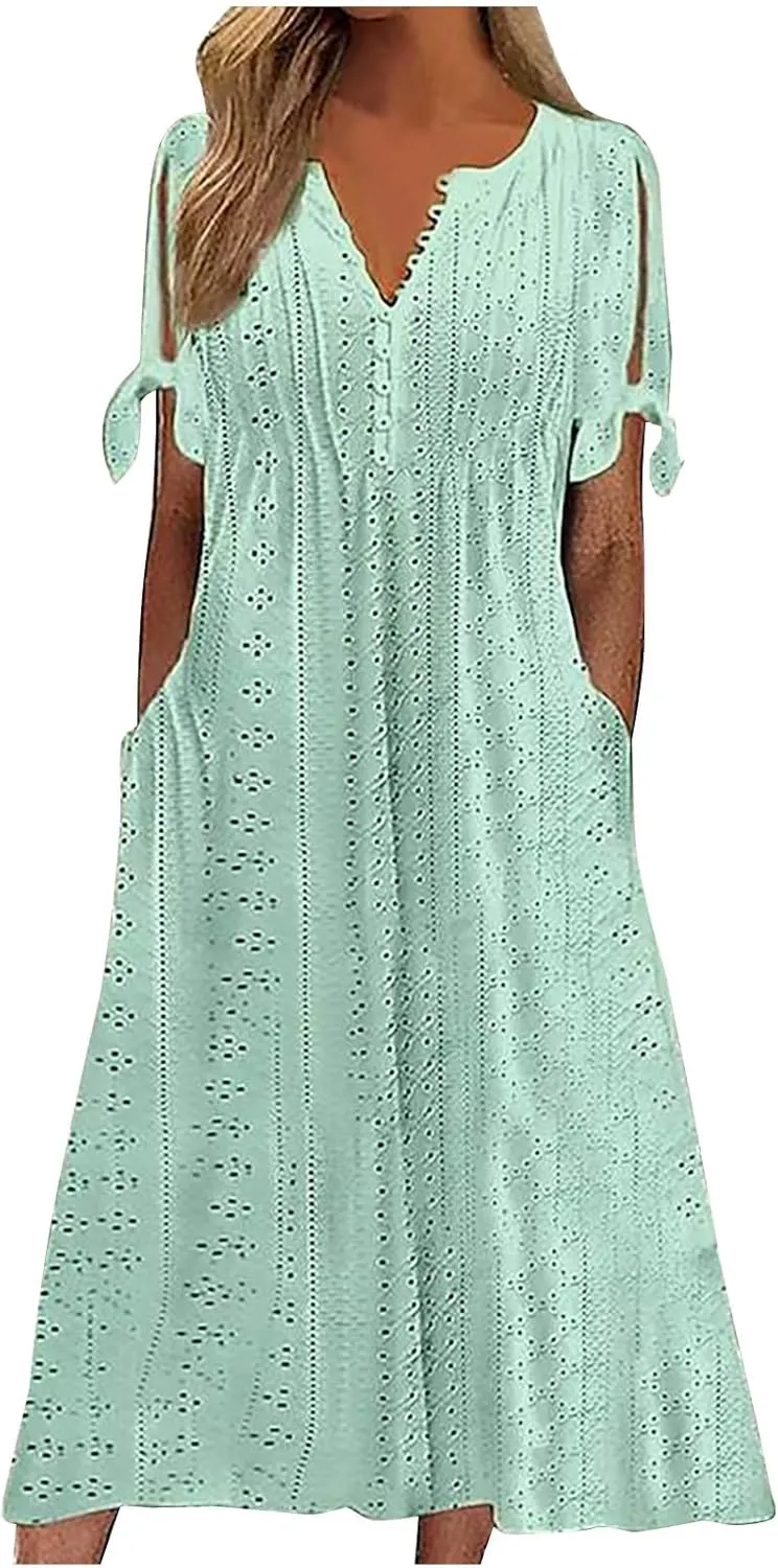 hlysgo Long Dresses for Women 2025 Trendy Short Sleeve Eyelet Tshirt Dress Casual Summer Beach Vacation Sundress with Pocket