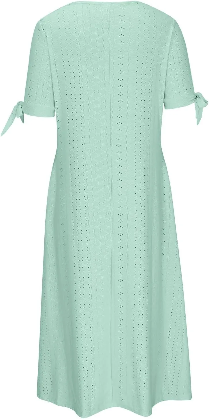 hlysgo Long Dresses for Women 2025 Trendy Short Sleeve Eyelet Tshirt Dress Casual Summer Beach Vacation Sundress with Pocket