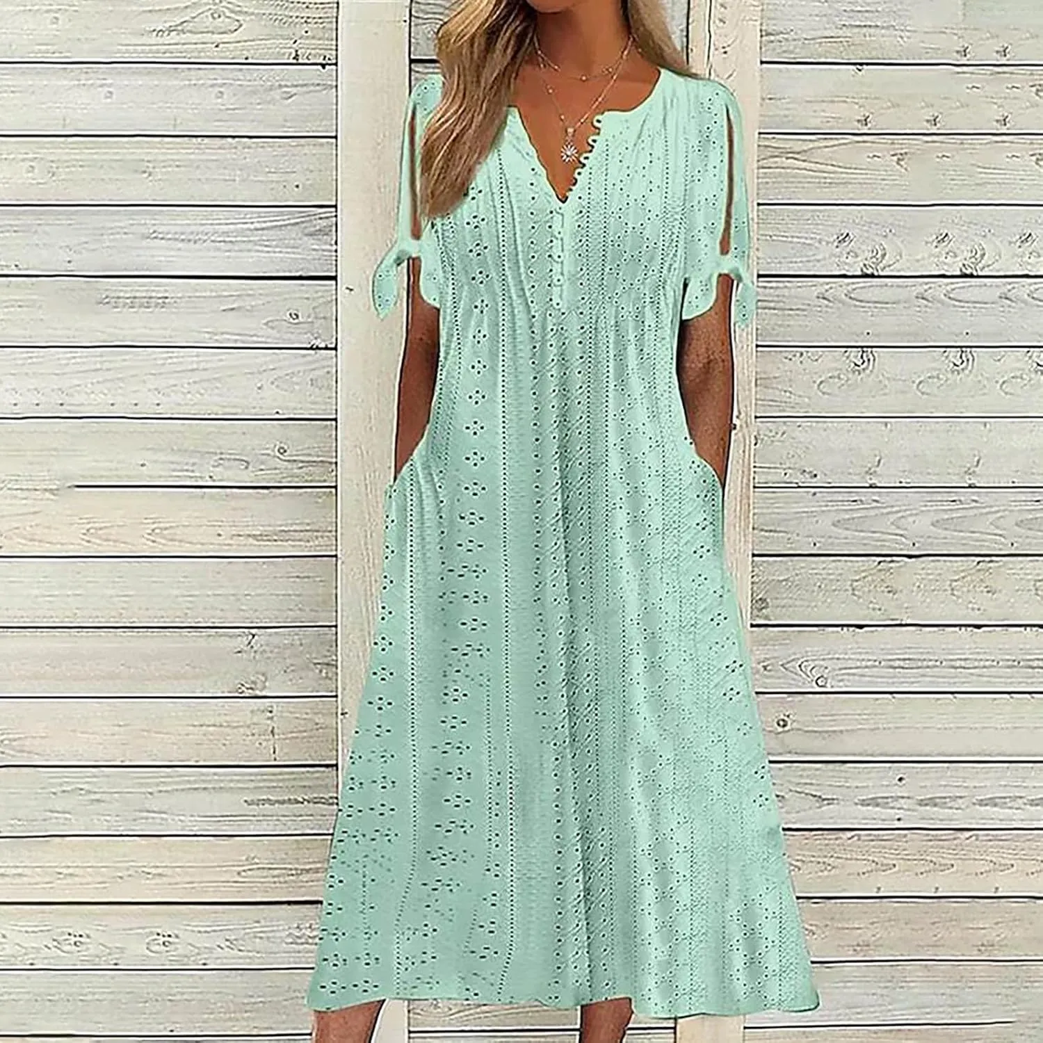 hlysgo Long Dresses for Women 2025 Trendy Short Sleeve Eyelet Tshirt Dress Casual Summer Beach Vacation Sundress with Pocket