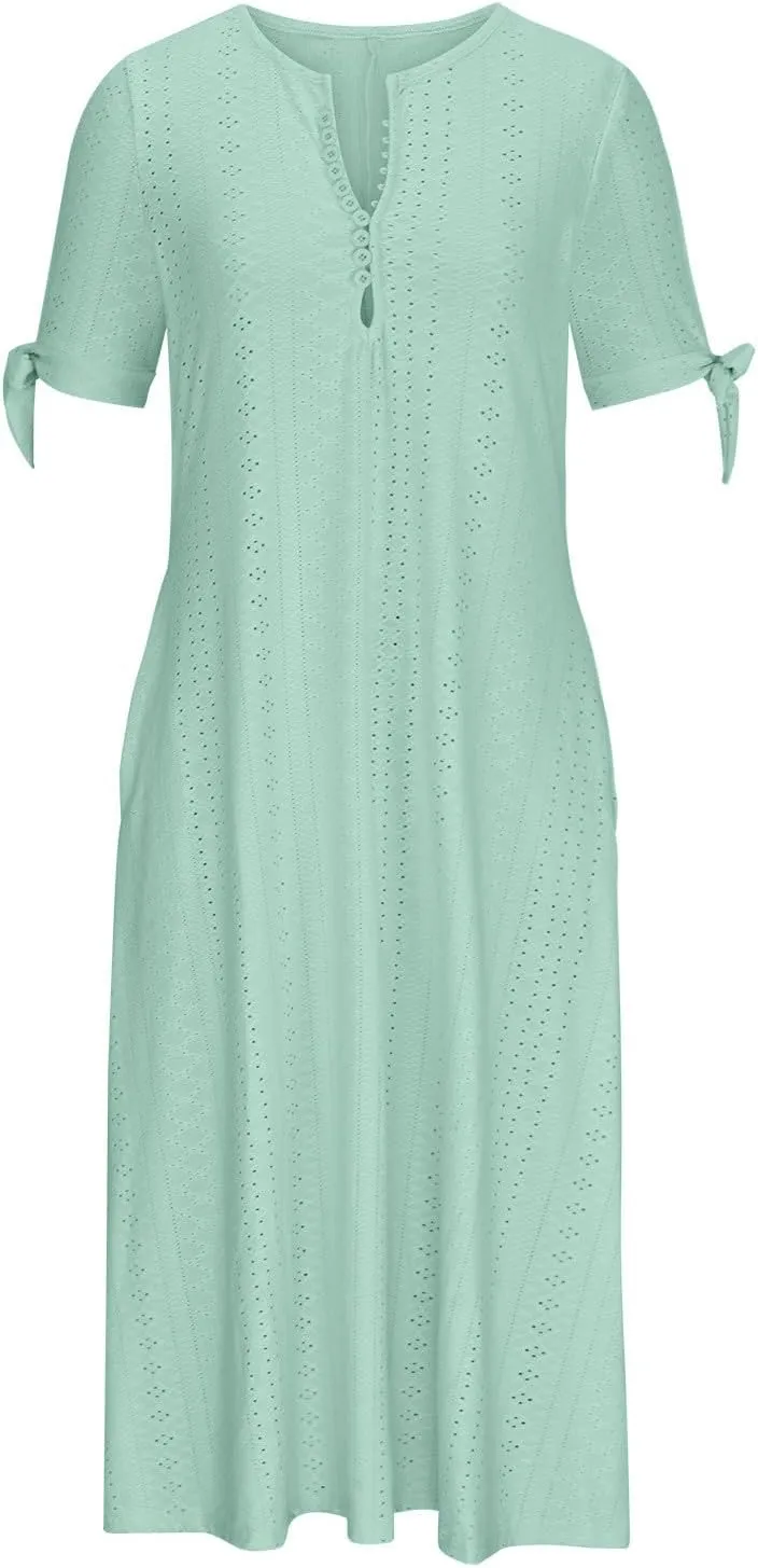 hlysgo Long Dresses for Women 2025 Trendy Short Sleeve Eyelet Tshirt Dress Casual Summer Beach Vacation Sundress with Pocket