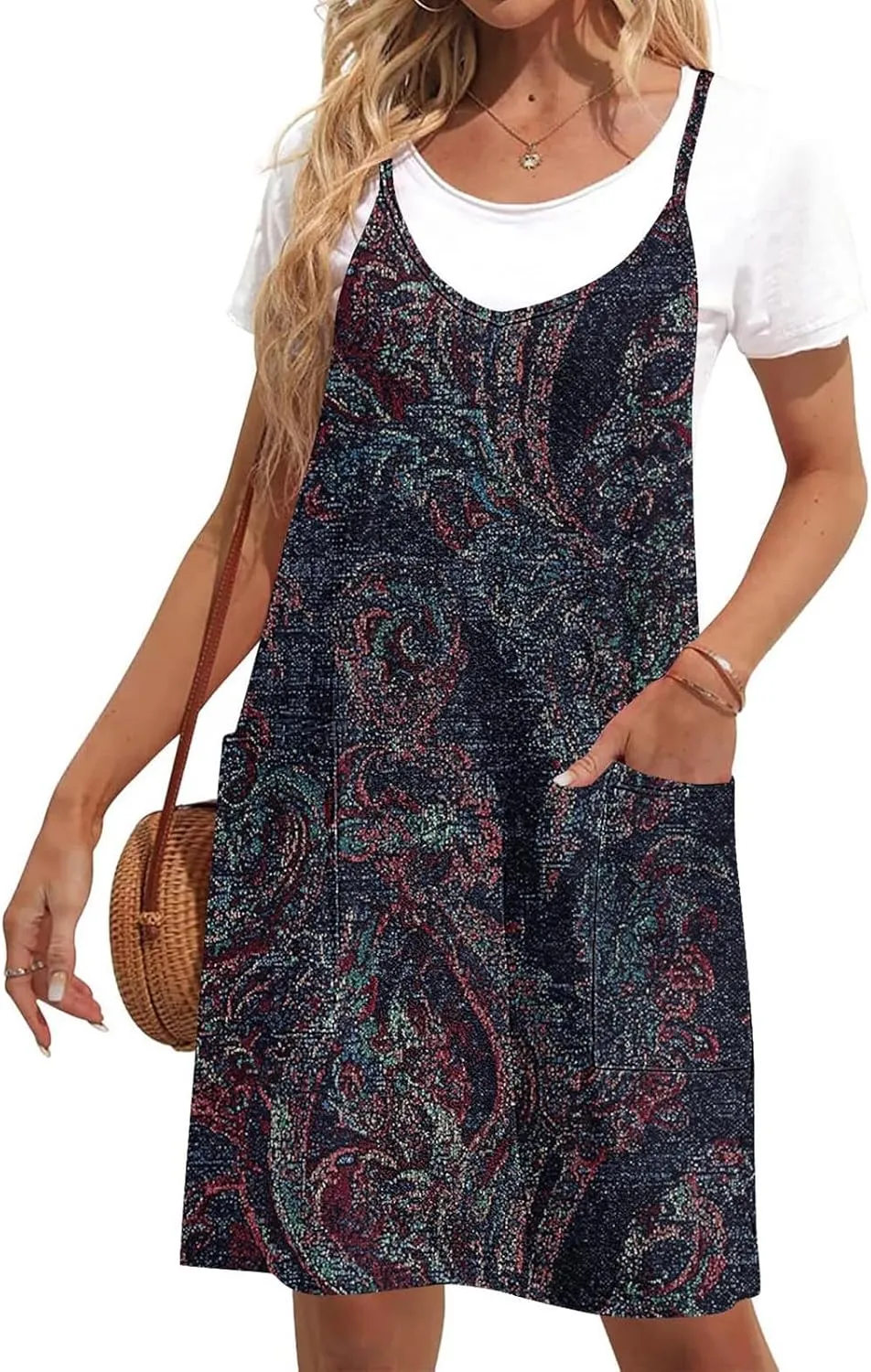 hlysgo Sundresses for Women 2025 Summer Sleeveless Spaghetti Straps Mini Dress Trendy Floral Print Casual Boho Beach Dresses