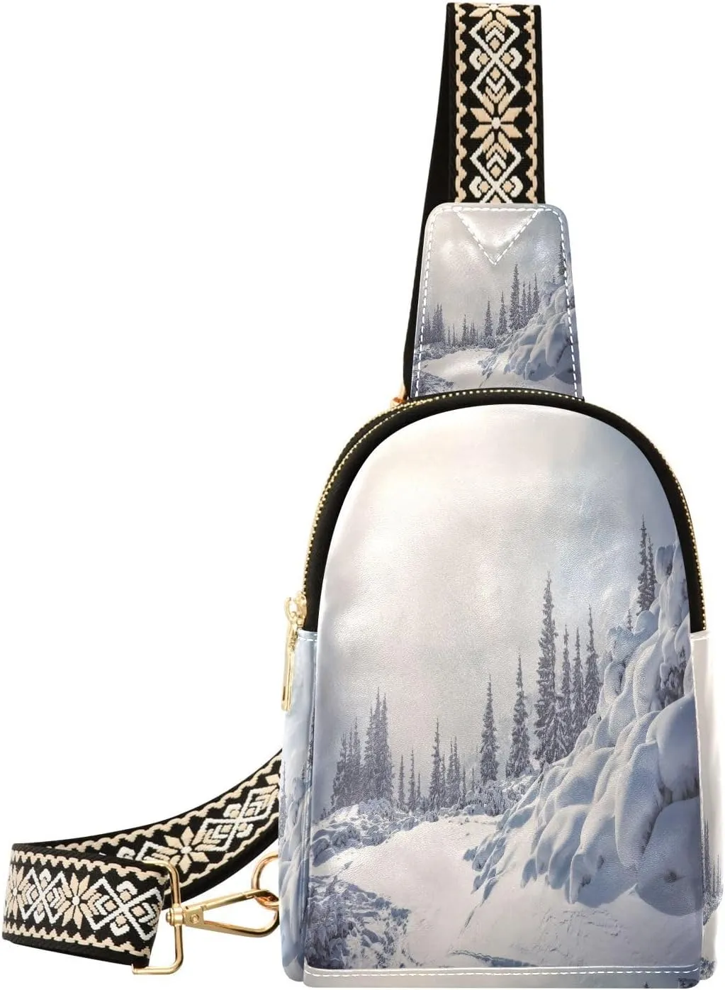 Incredible Winter Landscape Fanny Pack Crossbody PC Leather Small Sling Bag for Women Pine Trees Frosty Fashion Waist Packs Chest Bag for Travel Sports Running Hiking