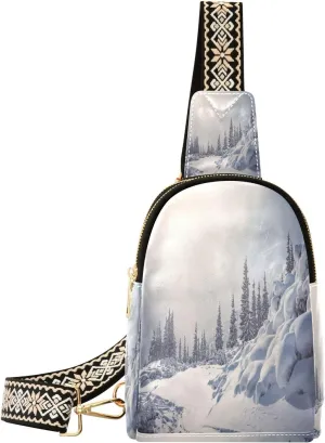 Incredible Winter Landscape Fanny Pack Crossbody PC Leather Small Sling Bag for Women Pine Trees Frosty Fashion Waist Packs Chest Bag for Travel Sports Running Hiking