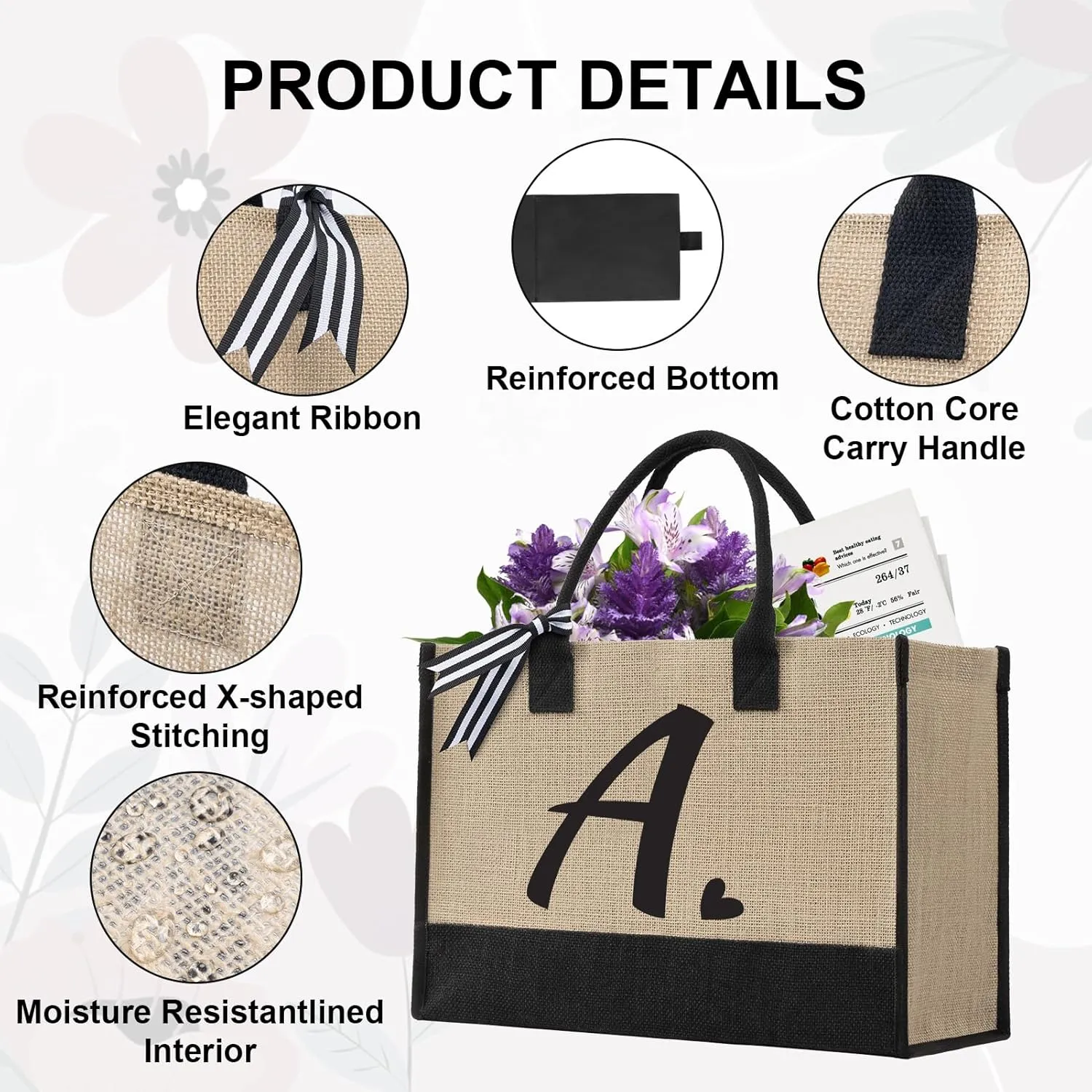 Initial Canvas Tote Bag, Personalized Beach Jute Bag Present for Women Holiday,Friends Birthday Gift,Wedding, New Year