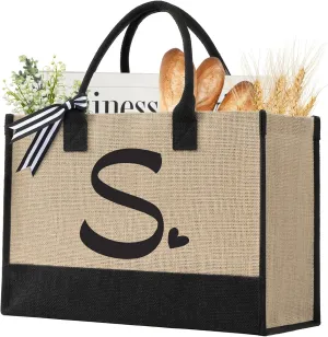 Initial Canvas Tote Bag, Personalized Beach Jute Bag Present for Women Holiday,Friends Birthday Gift,Wedding, New Year