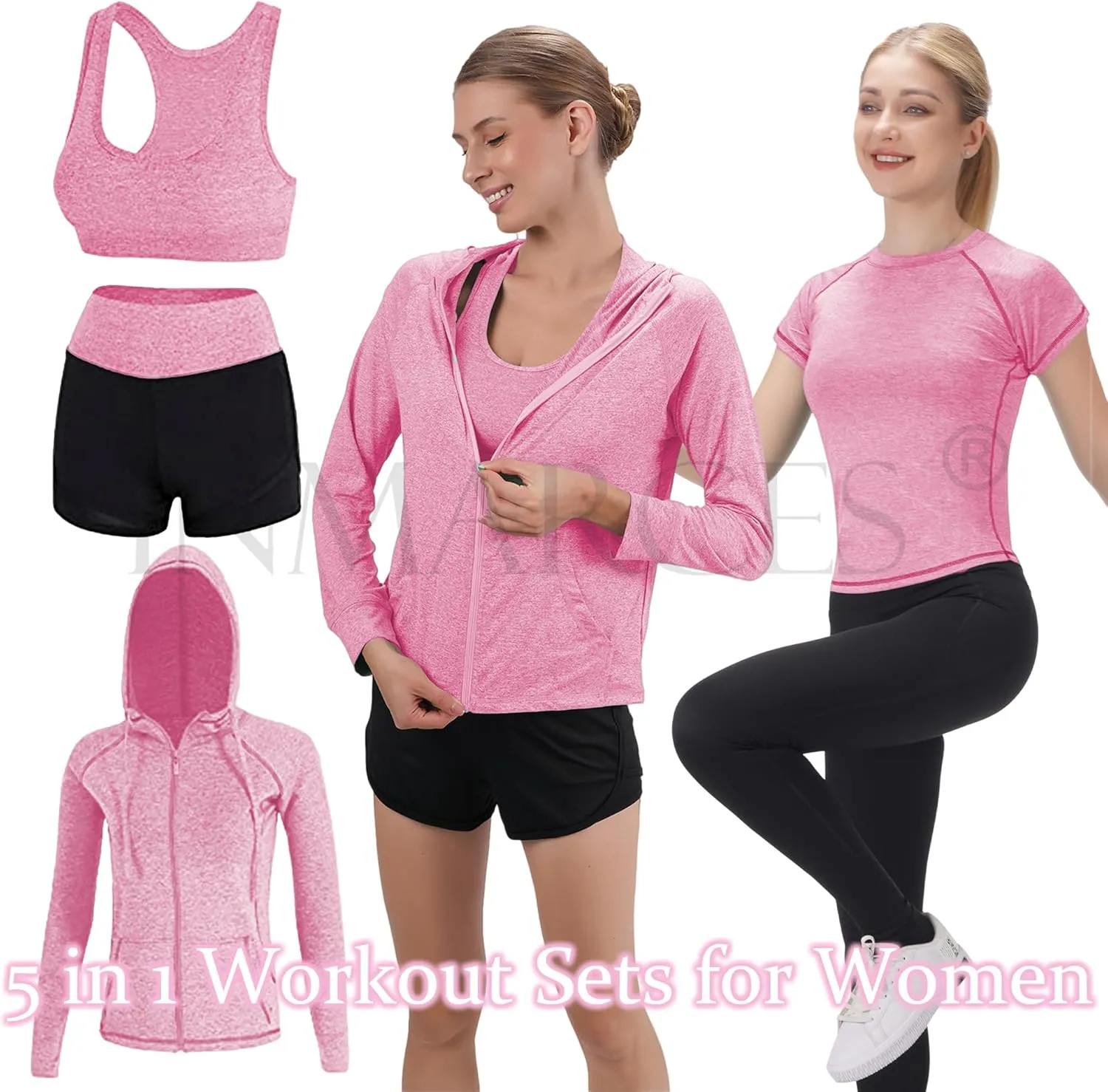 Inmarces Workout Sets for Women 5 PCS Yoga Outfits Activewear Tracksuit Sets