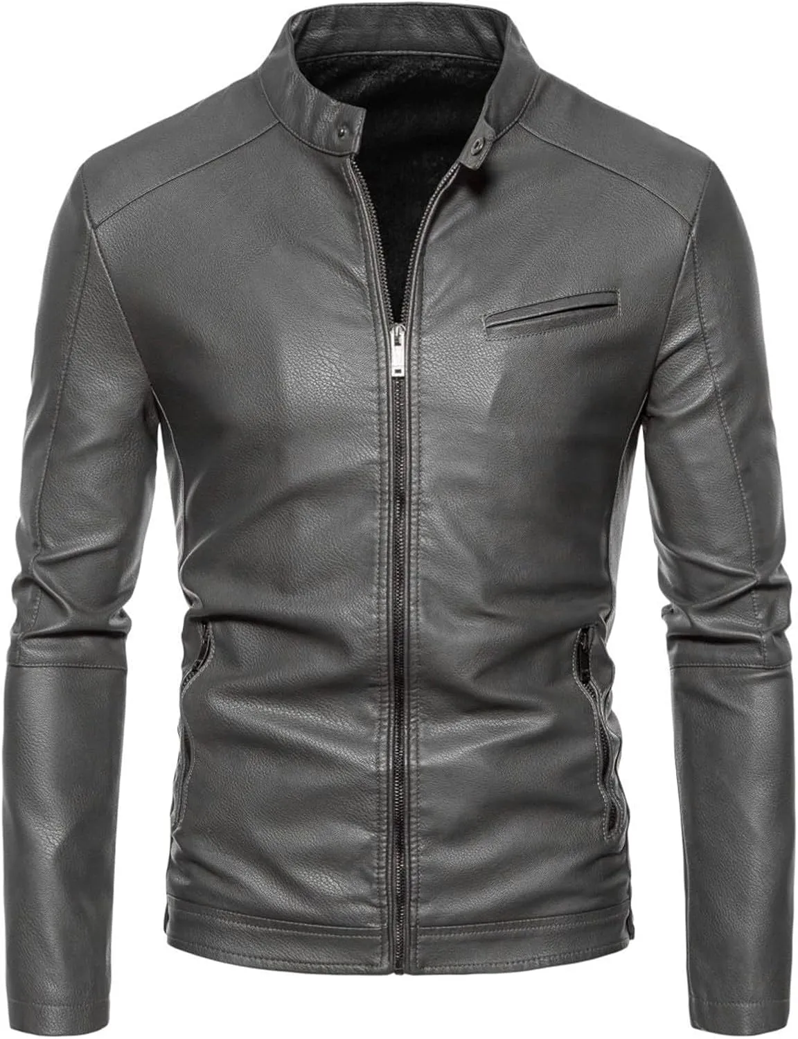 Jackets for Men Autumn Loose Solid Color Zip PU Leather Jacket Short Lapel Motorcycle Leather Jacket Coat Mens Gift