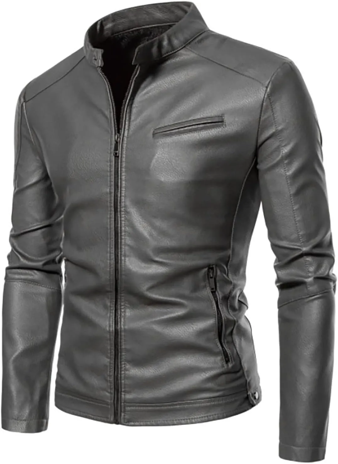Jackets for Men Autumn Loose Solid Color Zip PU Leather Jacket Short Lapel Motorcycle Leather Jacket Coat Mens Gift