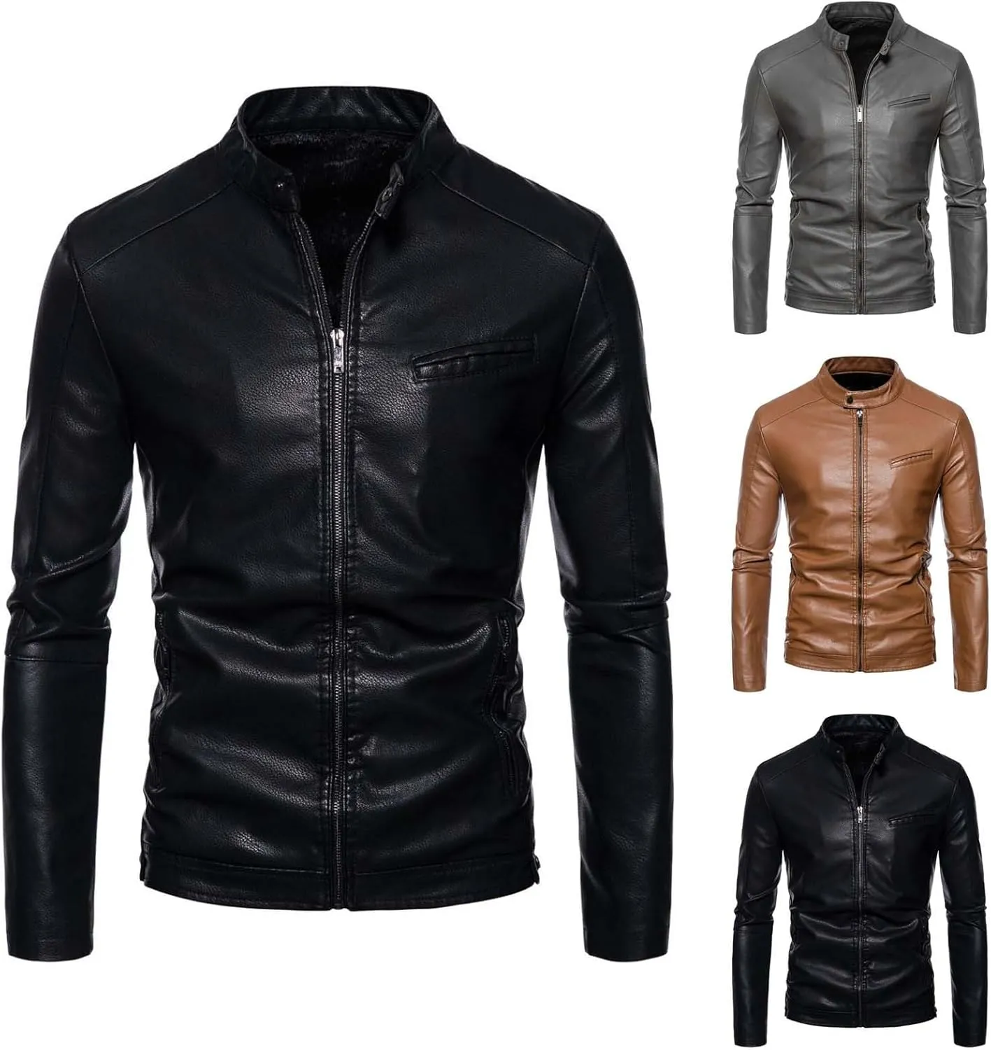 Jackets for Men Autumn Loose Solid Color Zip PU Leather Jacket Short Lapel Motorcycle Leather Jacket Coat Mens Gift