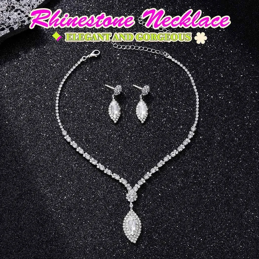 JAKAWIN Rhinestone Bride Wedding Jewelry Set Silver Crystal Necklace Earring Set Sparkle Bridal Jewelry for Women