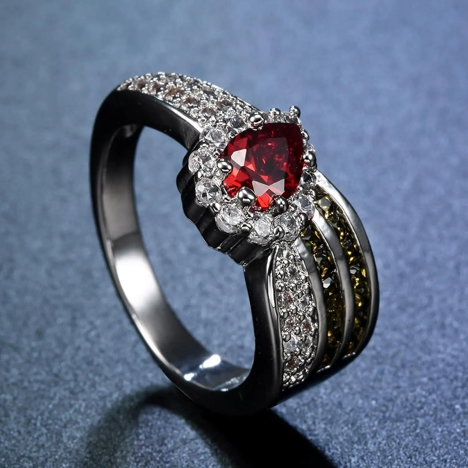 Jewelry Matching Rings, Cute Ring for Women Pear Shape with Red Zirconia Fashion Jewelry for Women