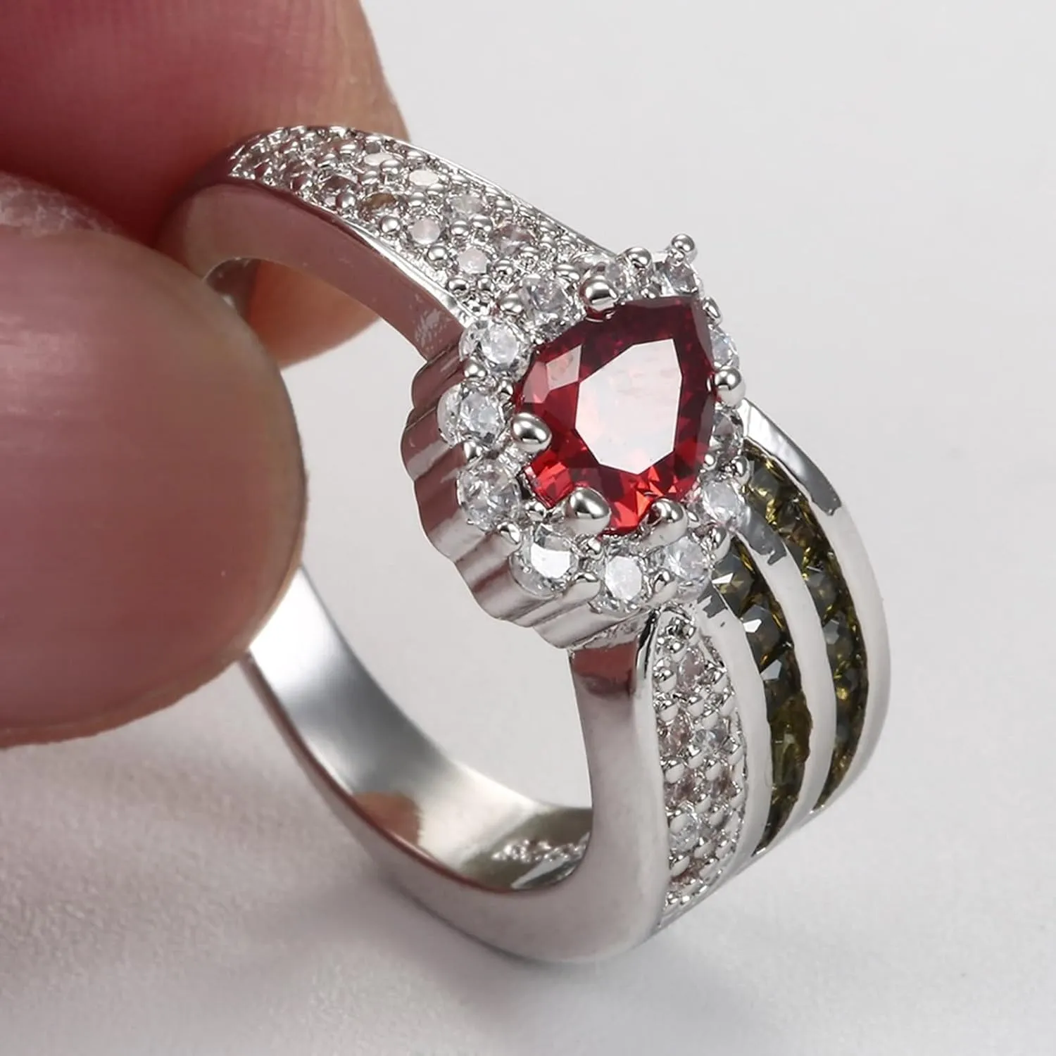 Jewelry Matching Rings, Cute Ring for Women Pear Shape with Red Zirconia Fashion Jewelry for Women