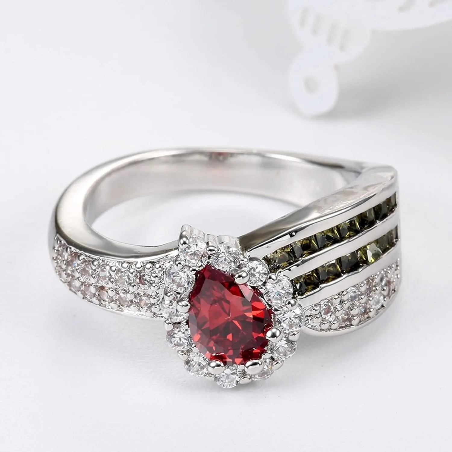 Jewelry Matching Rings, Cute Ring for Women Pear Shape with Red Zirconia Fashion Jewelry for Women