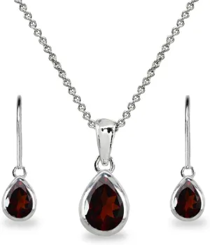 Jewelry Sets for Women, Necklace and Earring Set for Women, Birthstone Jewelry, Genuine or Synthetic Gems, Teardrop Bezel, Pendant Necklace, Short Necklace, Dangle Earrings, Sterling Silver Jewelry