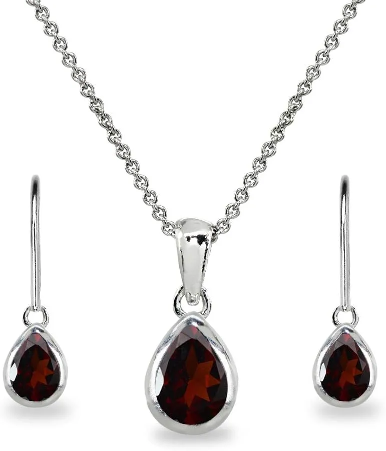 Jewelry Sets for Women, Necklace and Earring Set for Women, Birthstone Jewelry, Genuine or Synthetic Gems, Teardrop Bezel, Pendant Necklace, Short Necklace, Dangle Earrings, Sterling Silver Jewelry