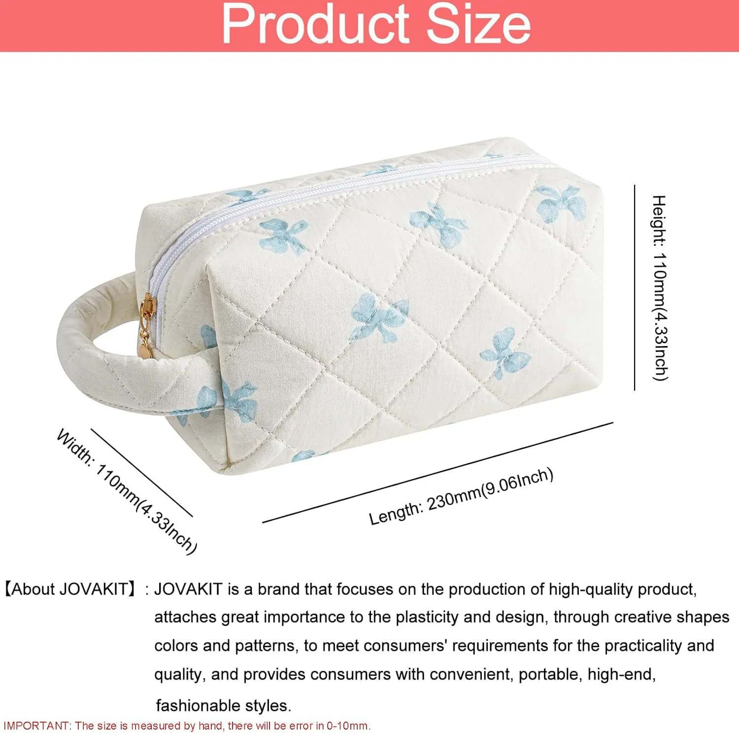 JOVAKIT Travel Makeup Bag Cosmetic Bag for Women, Fashion Christmas Gifts, Floral Flowers Coquette Toiletry Bag with Handle, Zipper Make Up Pouch Organizer Bag Trendy Stuff (Blue Bow Tie)