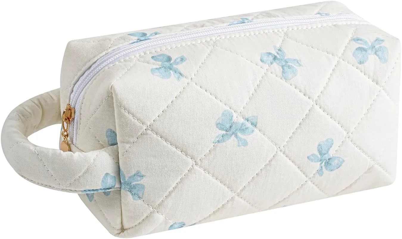 JOVAKIT Travel Makeup Bag Cosmetic Bag for Women, Fashion Christmas Gifts, Floral Flowers Coquette Toiletry Bag with Handle, Zipper Make Up Pouch Organizer Bag Trendy Stuff (Blue Bow Tie)