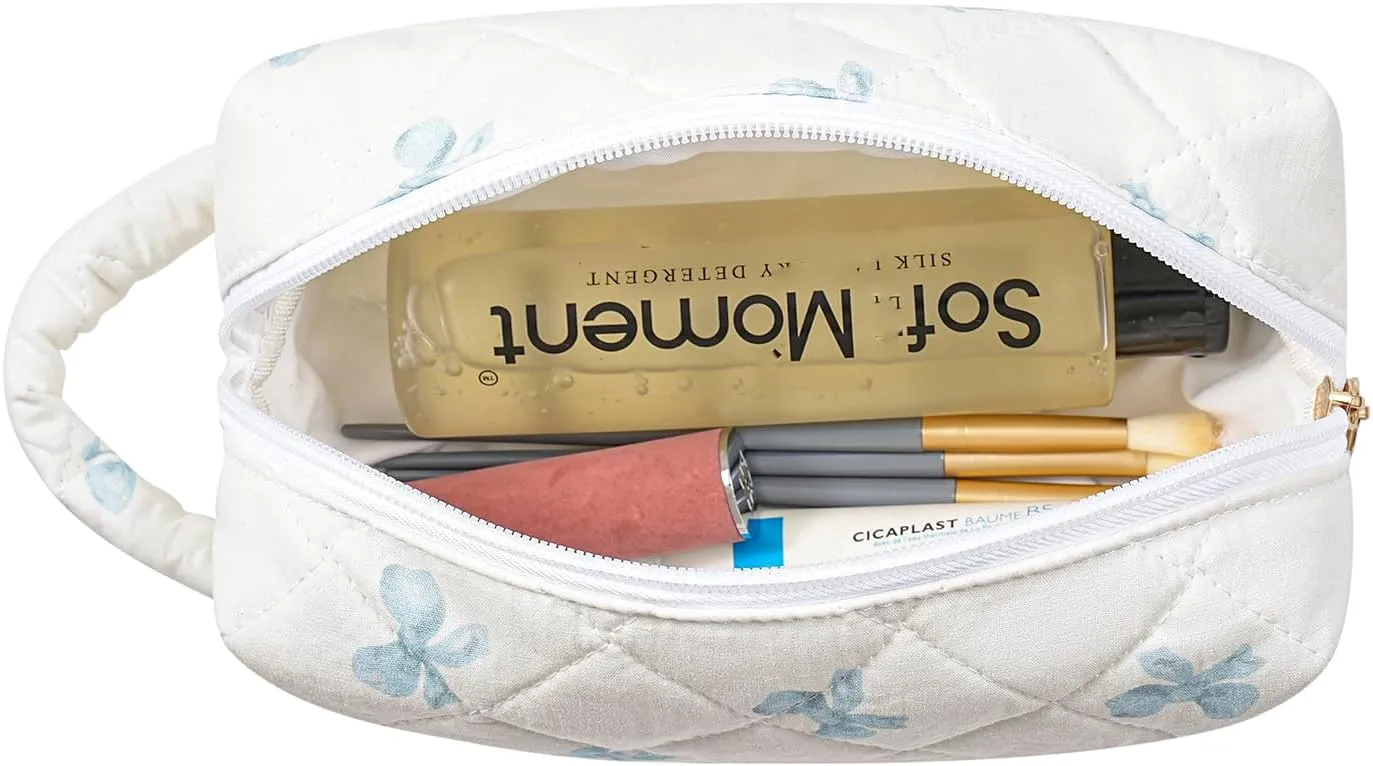 JOVAKIT Travel Makeup Bag Cosmetic Bag for Women, Fashion Christmas Gifts, Floral Flowers Coquette Toiletry Bag with Handle, Zipper Make Up Pouch Organizer Bag Trendy Stuff (Blue Bow Tie)